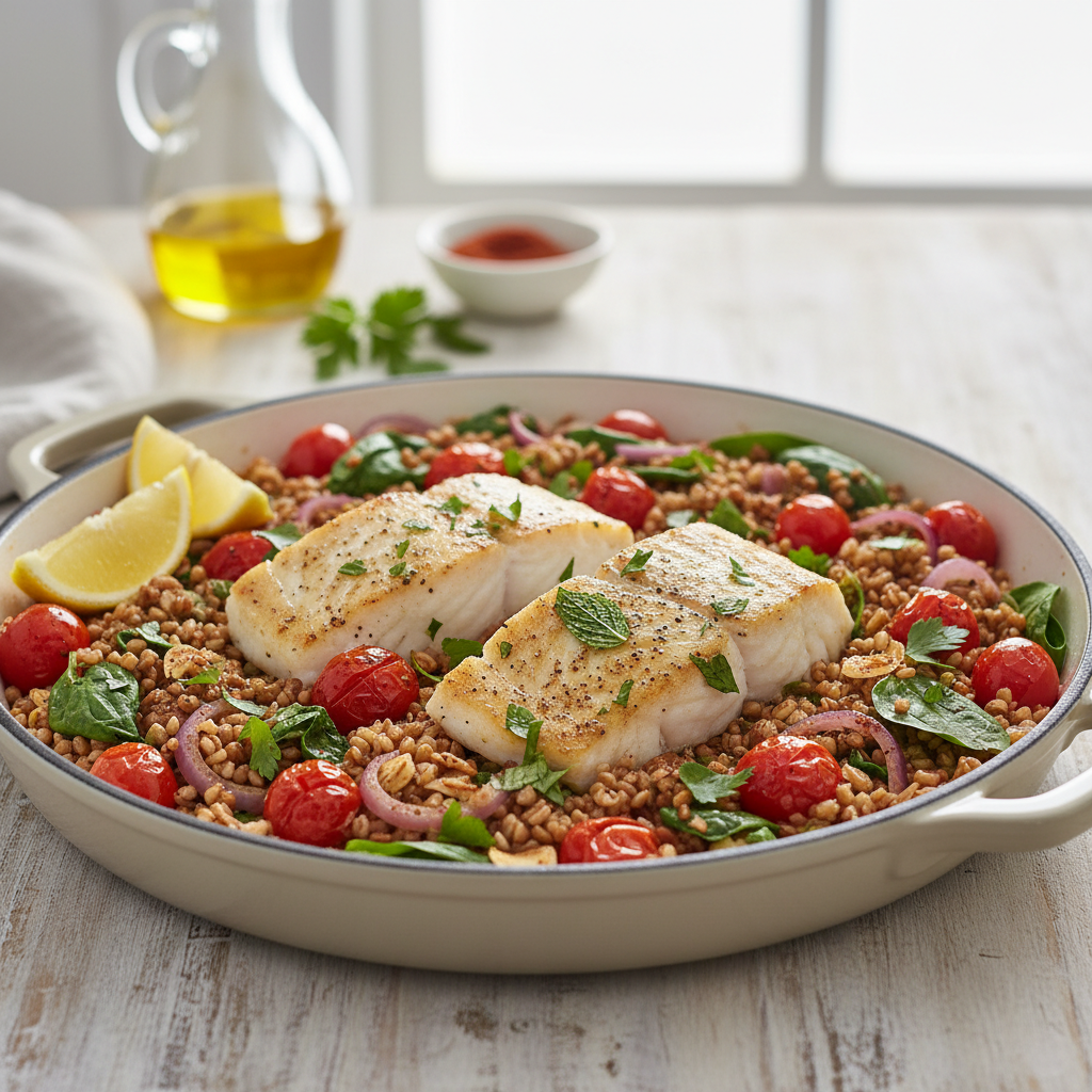 Mediterranean Freekeh & Cod Skillet with Sumac Tomatoes