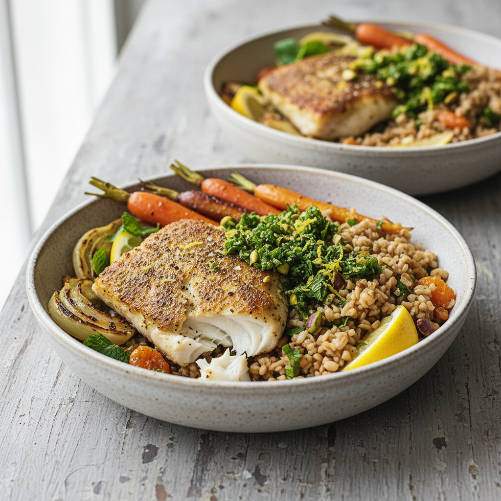 Mediterranean Freekeh Bowl with Za'atar Crusted Cod and Lemon-Mint-Pistachio Gremolata