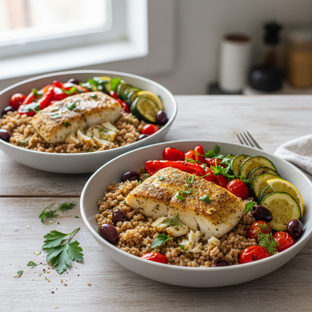 Mediterranean Freekeh Bowl with Za'atar Crusted Cod and Roasted Summer Vegetables