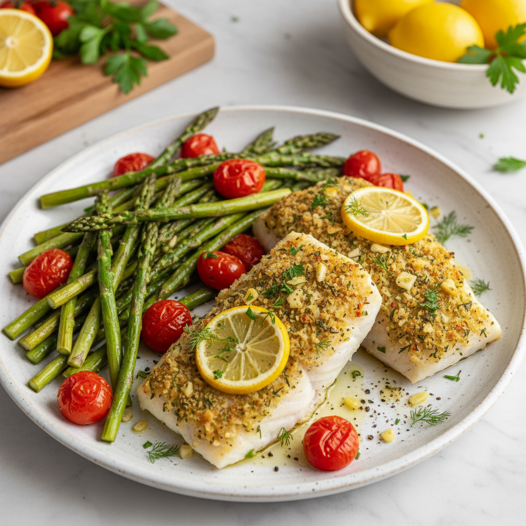 Mediterranean Lemon Herb Baked Cod with Roasted Asparagus