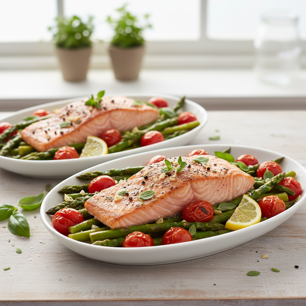 Mediterranean Lemon Herb Baked Salmon with Asparagus & Cherry Tomatoes