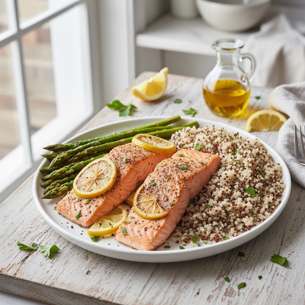 Mediterranean Lemon Herb Baked Salmon with Asparagus & Quinoa