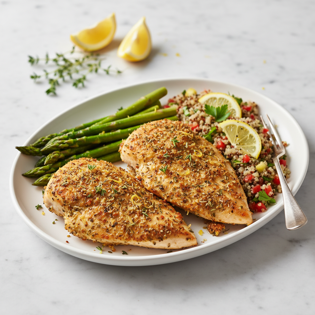 Mediterranean Lemon-Herb Crusted Chicken with Asparagus and Red Pepper Quinoa