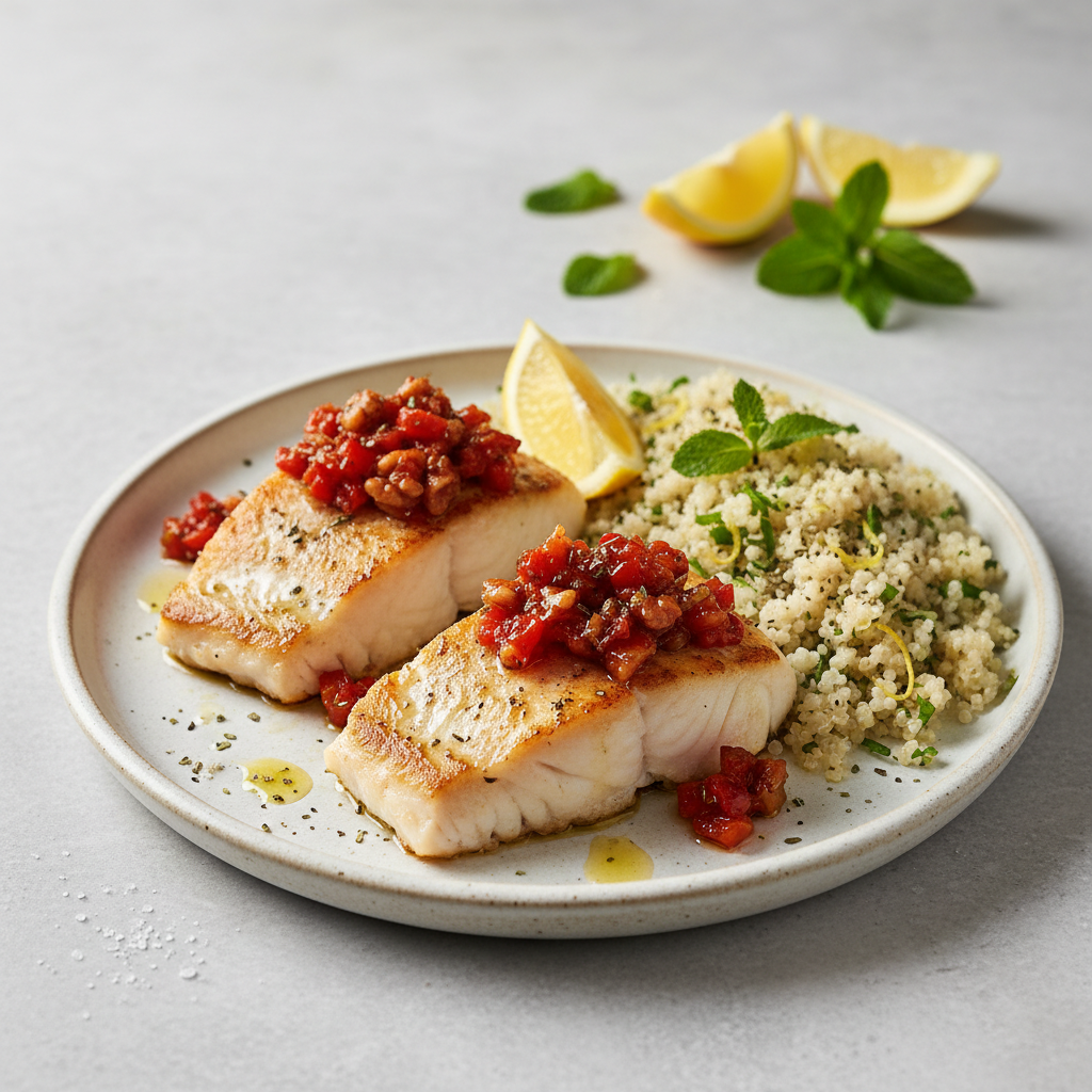Mediterranean Pan-Seared Cod with Roasted Red Pepper & Walnut Relish and Lemon-Herb Quinoa
