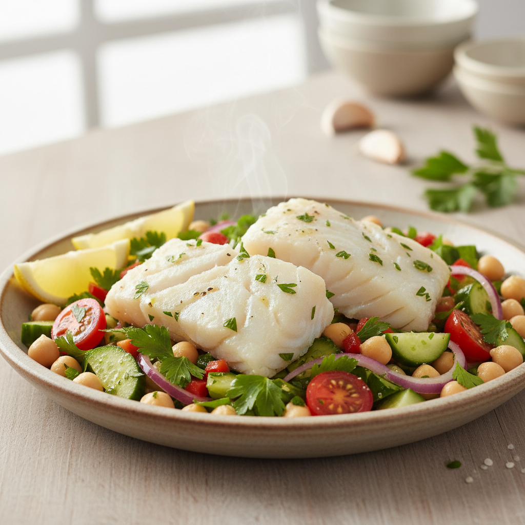 Mediterranean Poached Cod with Zesty Chickpea & Herb Salad