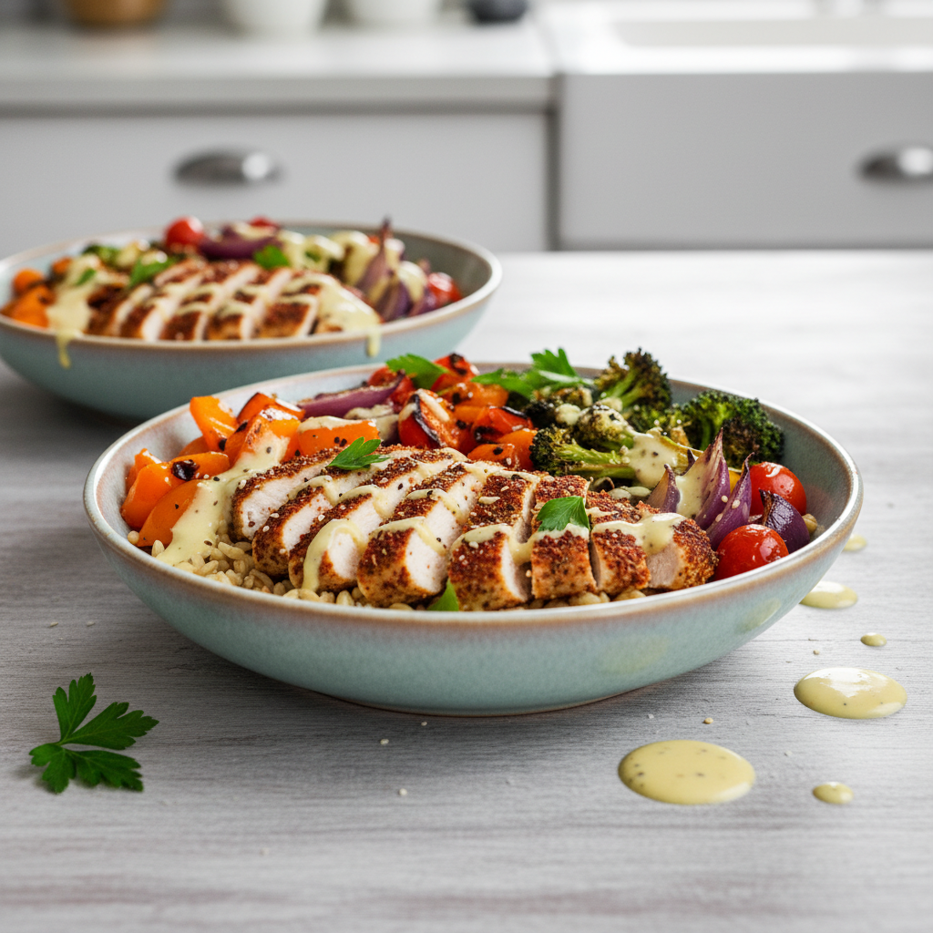 Mediterranean Power Bowl with Za'atar Chicken and Lemon-Tahini Drizzle