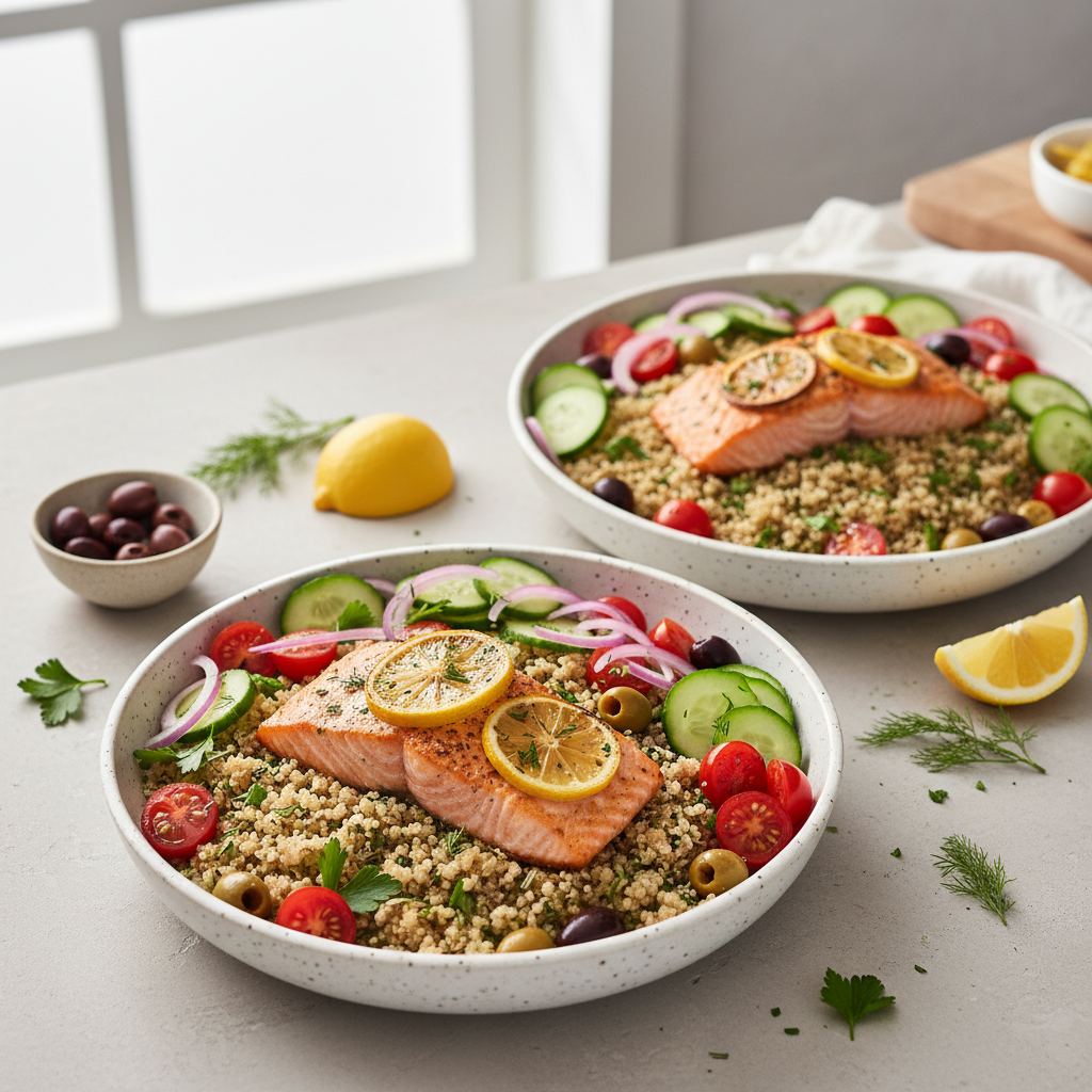 Mediterranean Quinoa Bowl with Lemon-Herb Baked Salmon