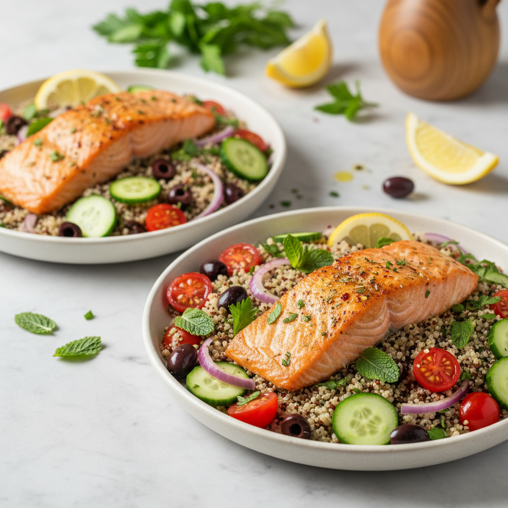 Mediterranean Quinoa with Lemon-Herb Baked Salmon