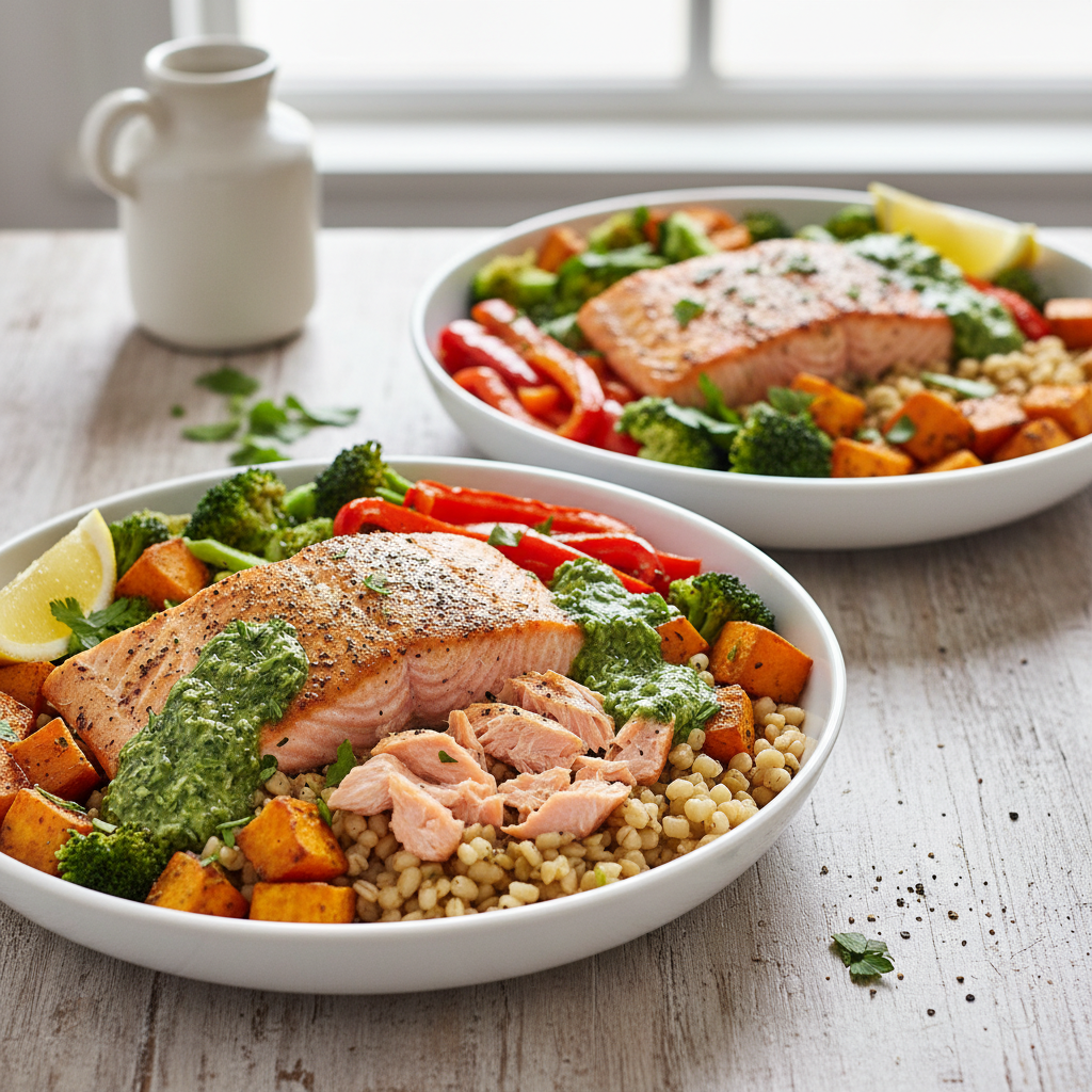 Mediterranean Salmon & Farro Power Bowls with Zesty Herb Dressing