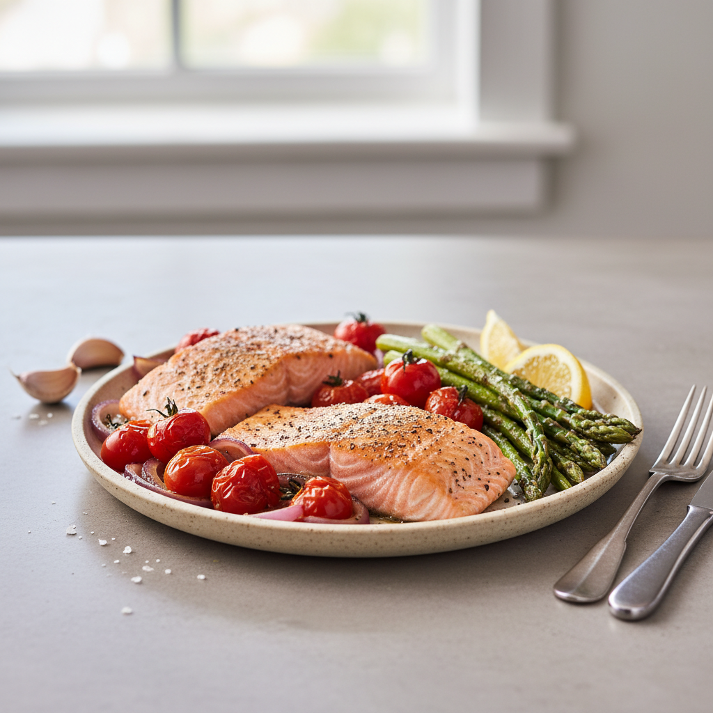 Mediterranean Salmon with Burst Cherry Tomatoes & Charred Asparagus