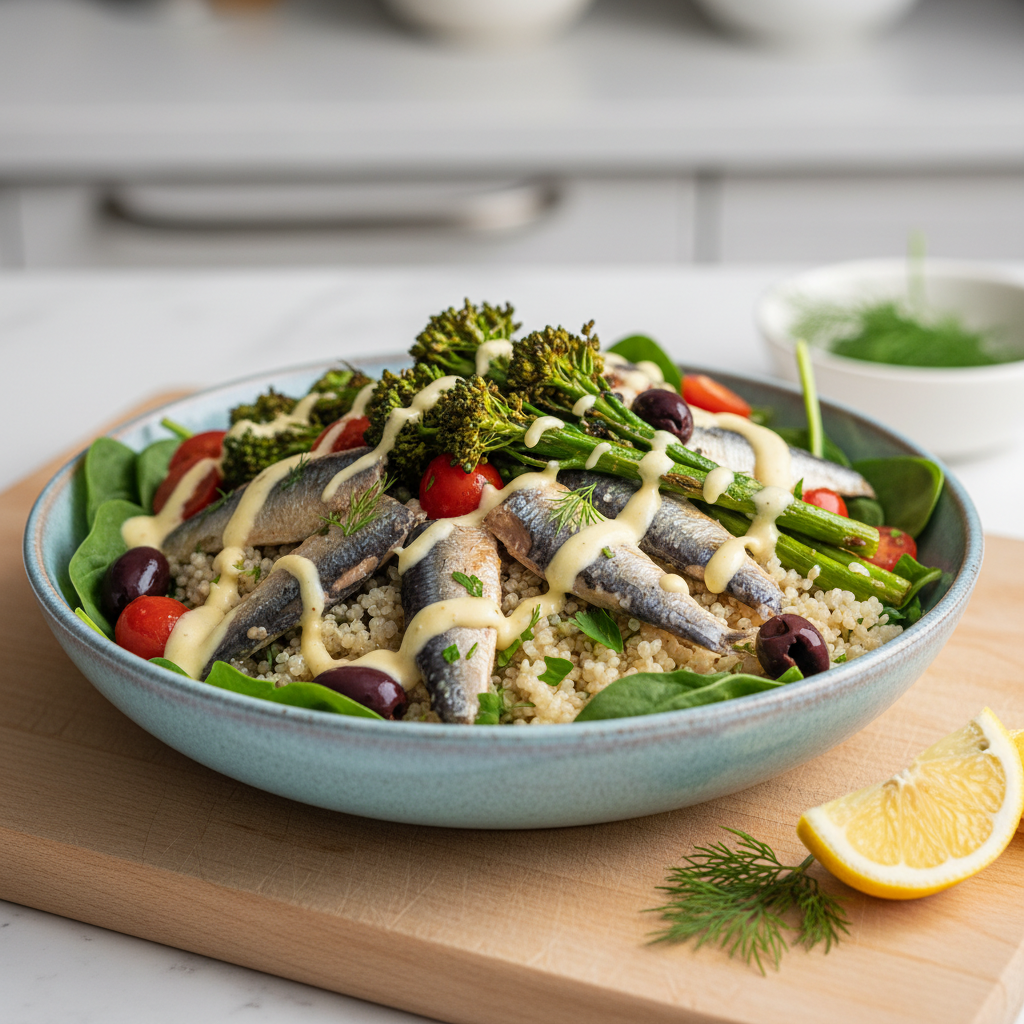 Mediterranean Sardine & Broccoli Rabe Quinoa Power Bowl