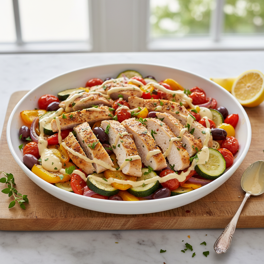 Mediterranean Sheet Pan Chicken & Veggies with Zesty Tahini Drizzle
