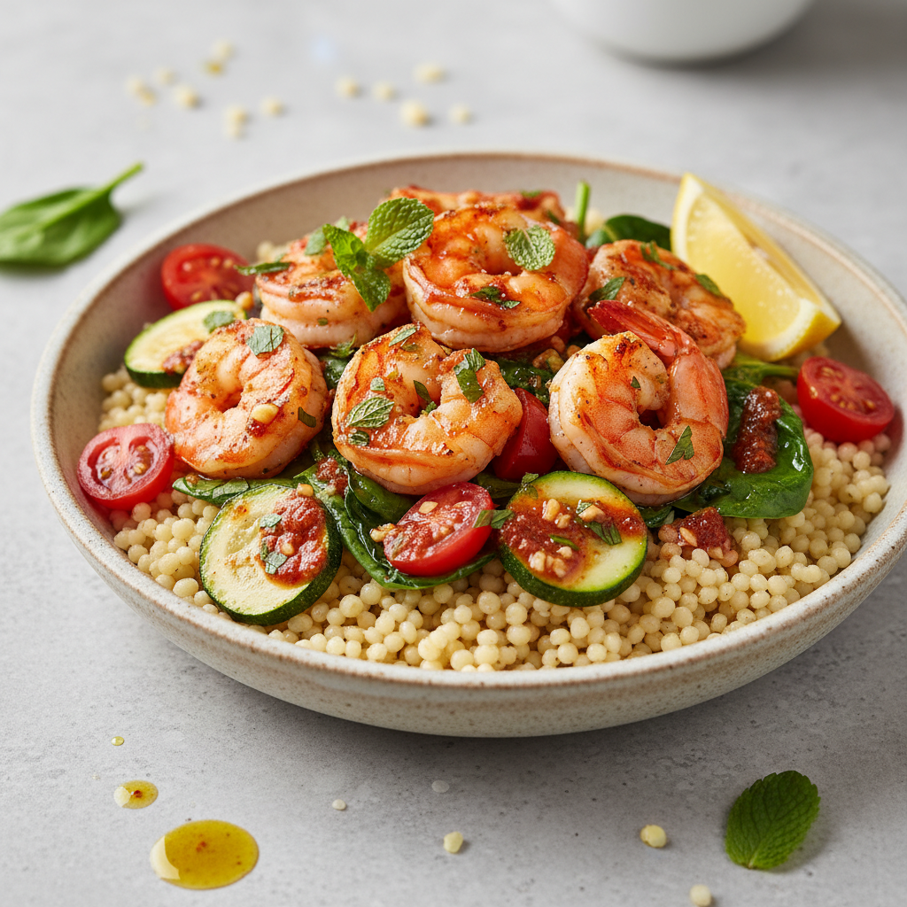 Mediterranean Shrimp & Pearl Couscous with Harissa-Mint Vinaigrette