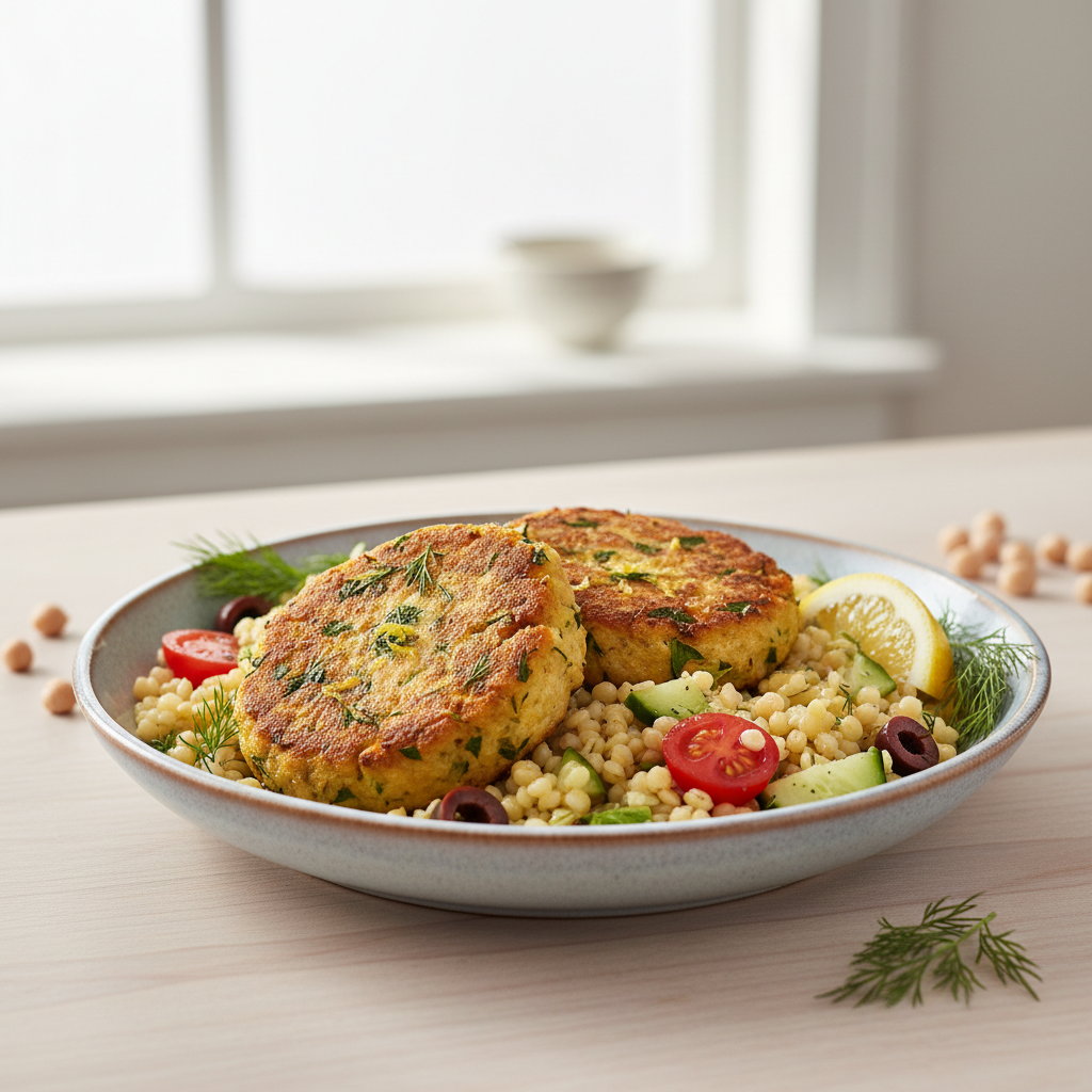 Mediterranean Smashed Chickpea & Herb Patties with Warm Lemon-Dill Pearl Couscous