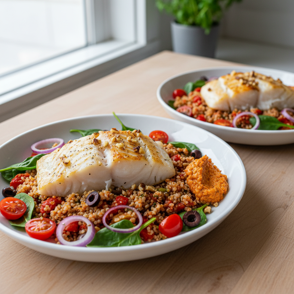 Mediterranean Sunshine Cod with Roasted Red Pepper-Walnut Quinoa