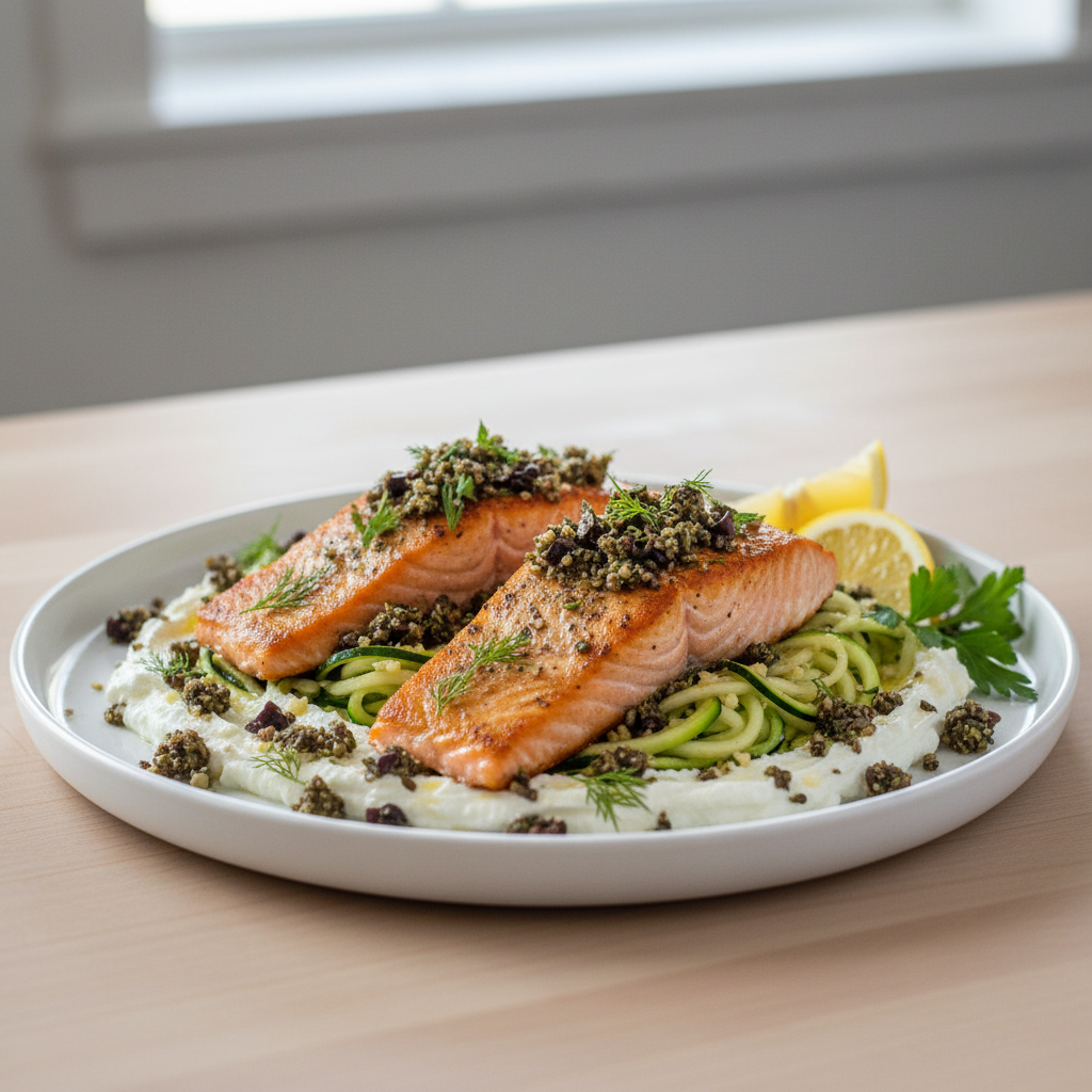 Mediterranean Whipped Feta Salmon with Olive-Herb Crumble & Lemon-Garlic Zucchini Ribbons