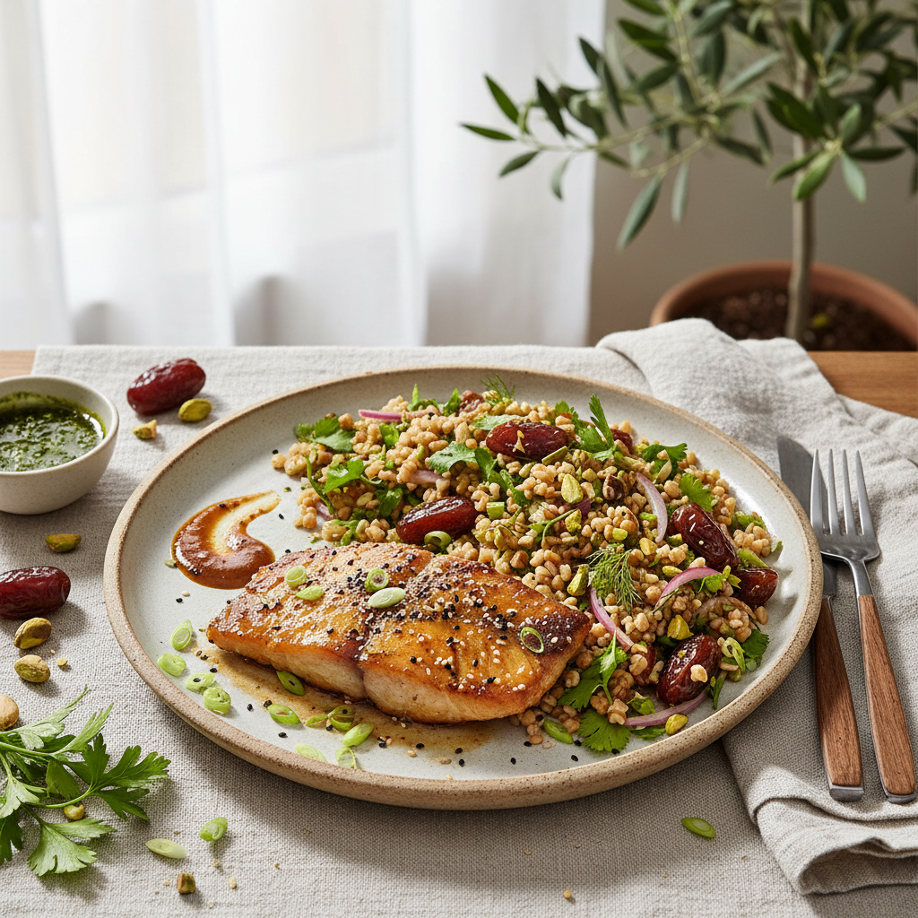 Miso-Glazed Sablefish with Persian Herb & Date Freekeh Salad