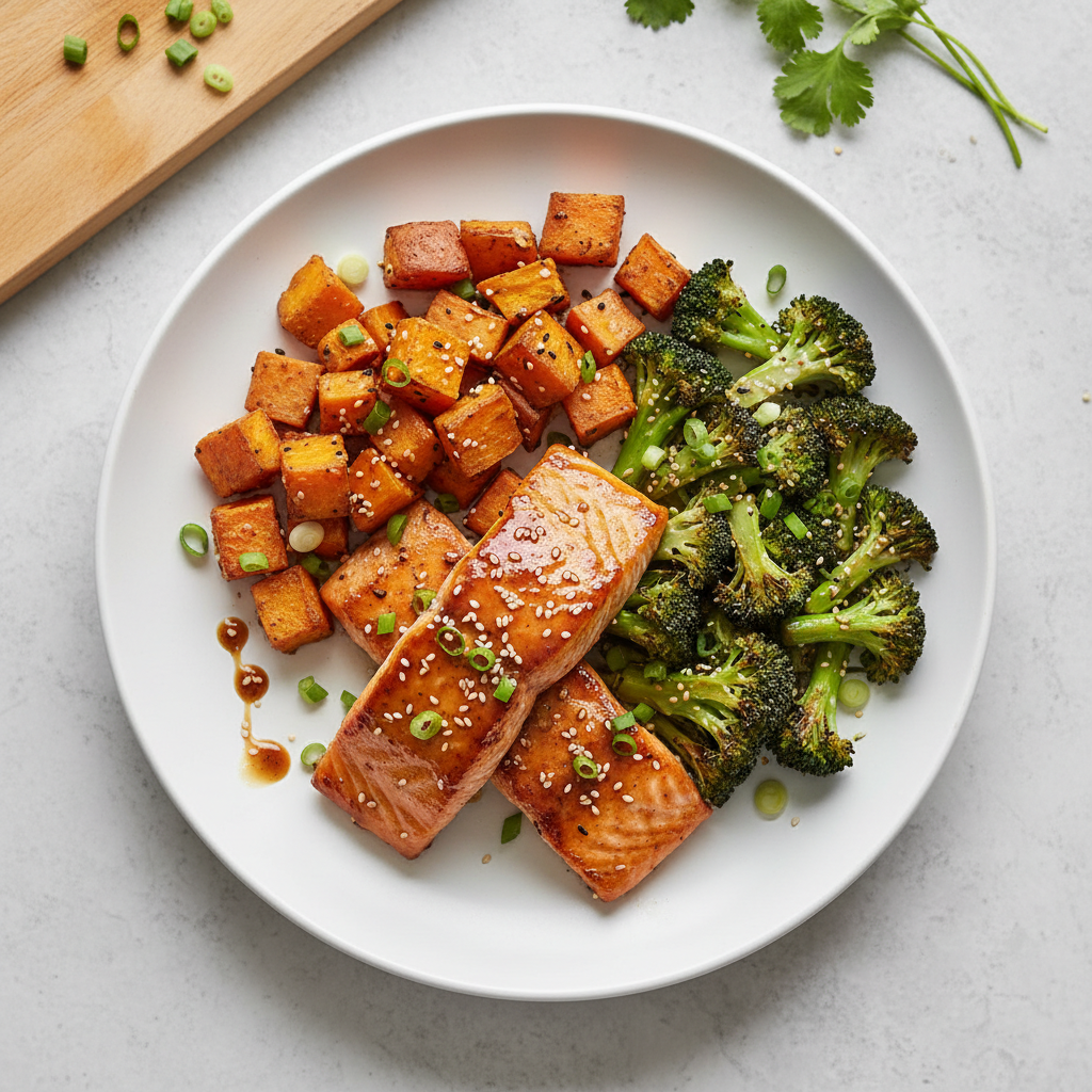 Miso-Glazed Salmon with Roasted Sweet Potatoes and Broccoli