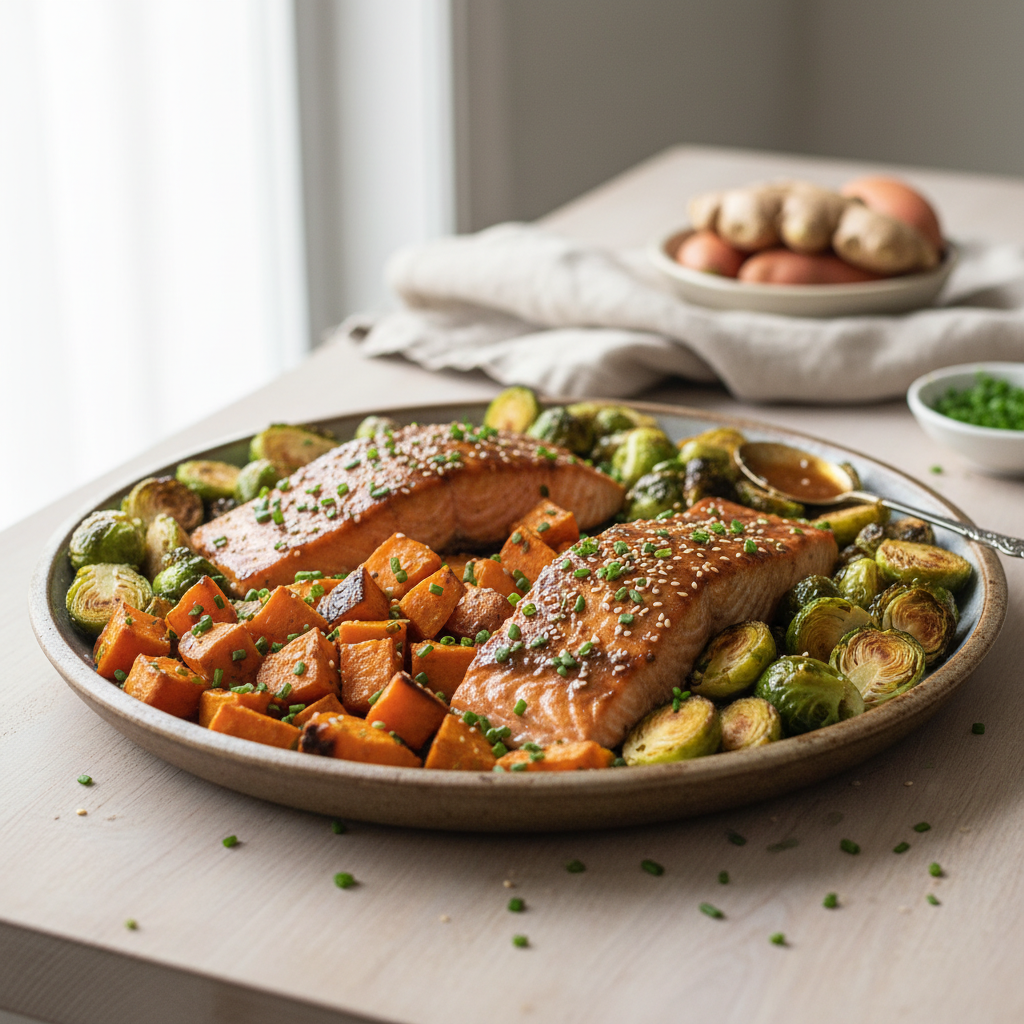 Miso-Glazed Salmon with Roasted Sweet Potatoes and Brussels Sprouts