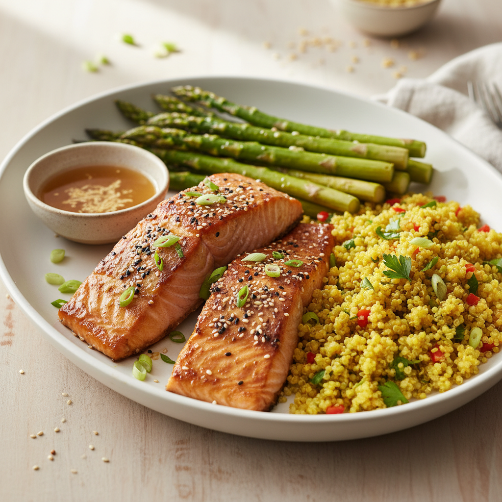 Miso-Glazed Salmon with Turmeric Quinoa & Roasted Asparagus