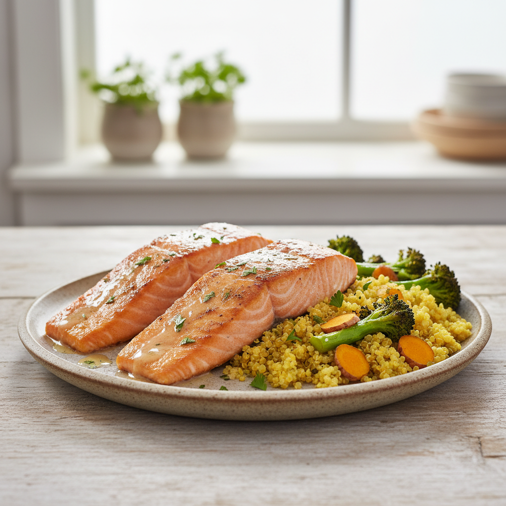 Miso-Glazed Salmon with Turmeric Roasted Broccoli & Quinoa