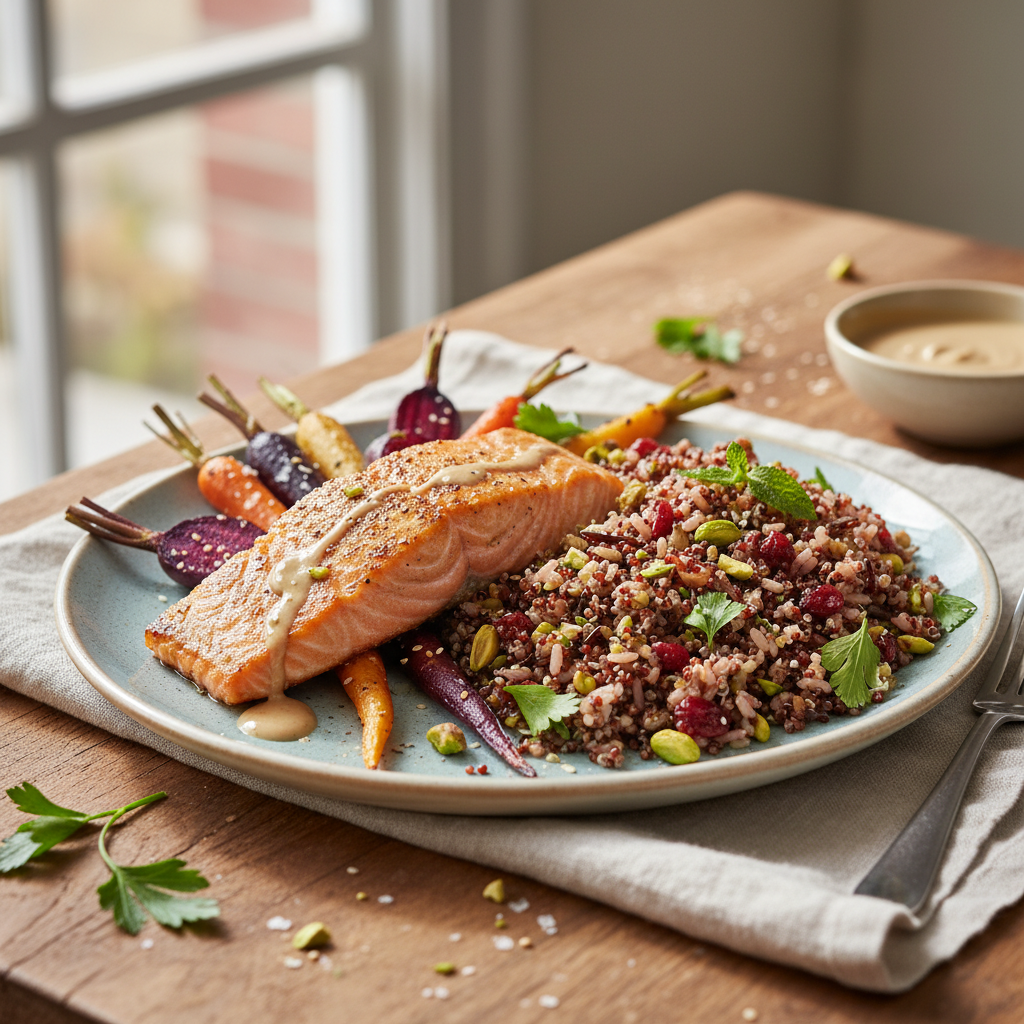 Miso-Tahini Salmon & Power Pilaf with Roasted Roots