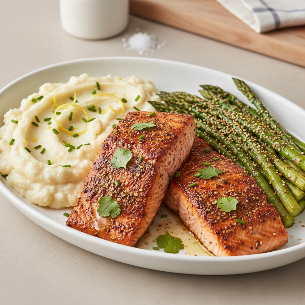 Moroccan-Spiced Salmon with Creamy Lemon-Garlic Cauliflower Mash and Za'atar Roasted Asparagus