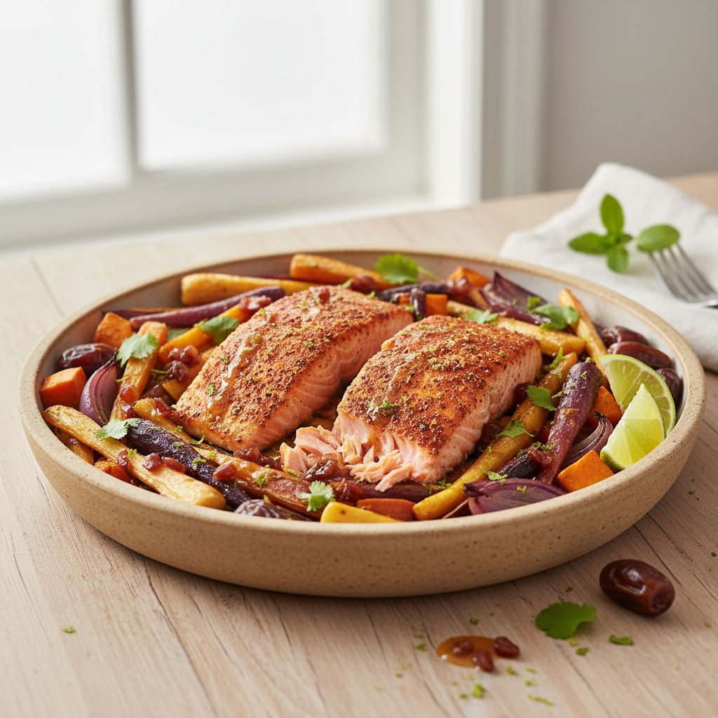 Moroccan Sunset Salmon with Roasted Root Vegetables & Zesty Date-Lime Drizzle