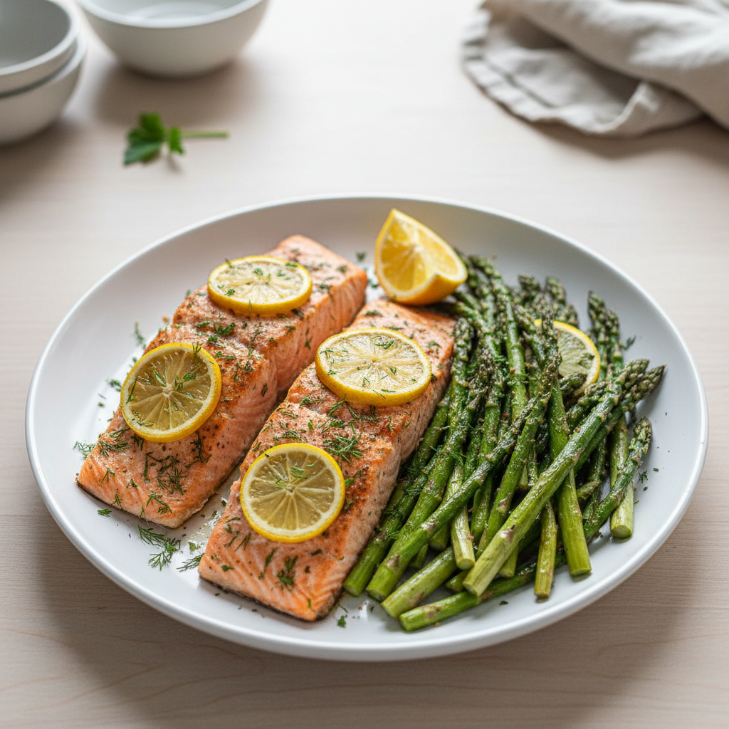 Ornish-Inspired Lemon Herb Baked Salmon with Roasted Asparagus
