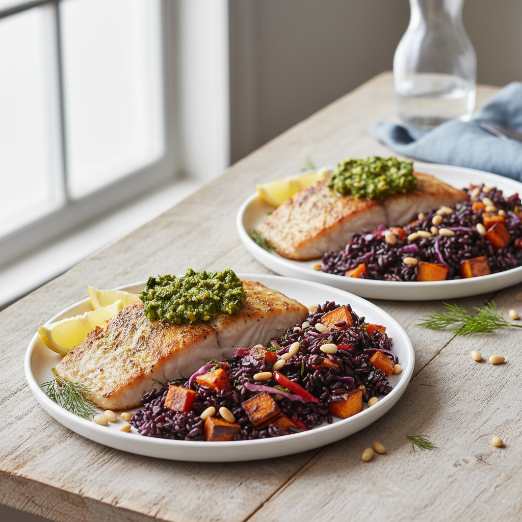 Pan-Seared Arctic Char with Lemon-Herb Pistou & Warm Black Rice Salad
