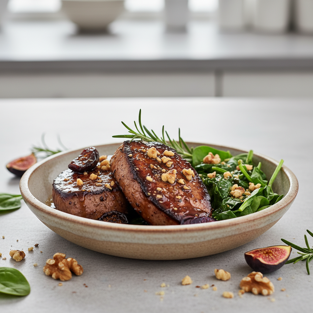 Pan-Seared Calf's Liver with Rosemary-Fig Balsamic Glaze & Toasted Walnuts, Served over Wilted Spinach