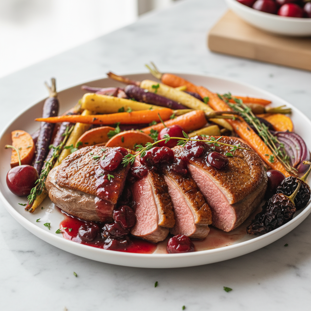 Pan-Seared Duck Breast with Cherry-Chipotle Glaze & Roasted Root Vegetables