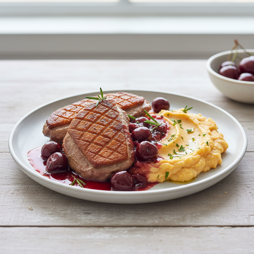 Pan-Seared Duck Breast with Cherry-Rosemary Reduction and Root Vegetable Mash
