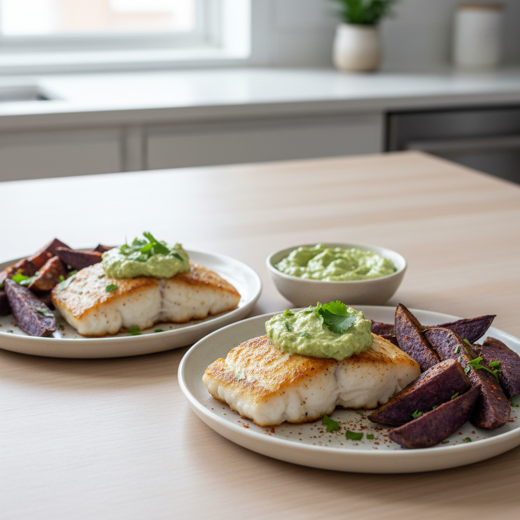 Pan-Seared Halibut with Zesty Avocado-Cilantro Pesto and Harissa-Spiced Purple Sweet Potatoes