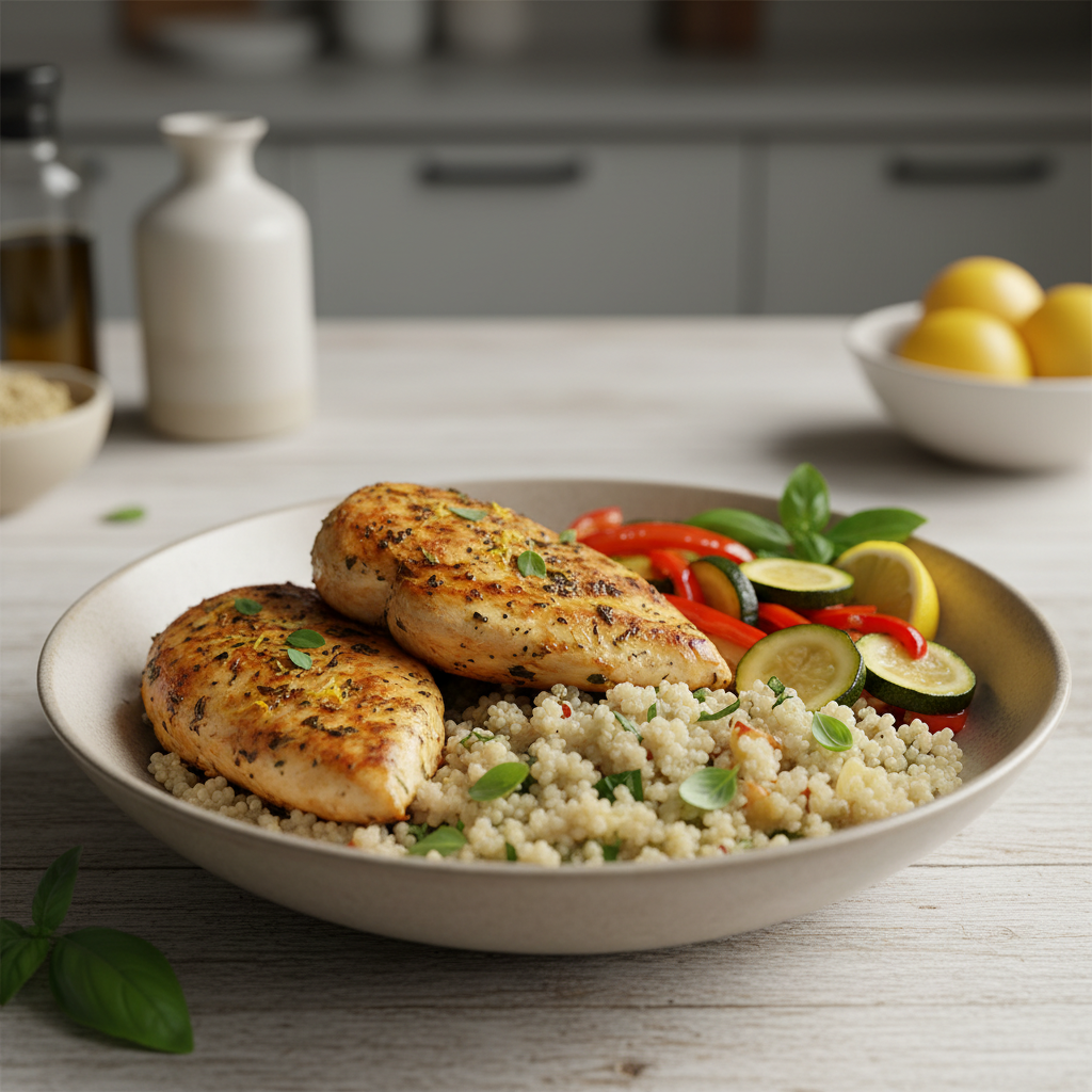 Pan-Seared Lemon-Herb Chicken with Zucchini & Red Bell Pepper Medley and Basil-Infused Quinoa