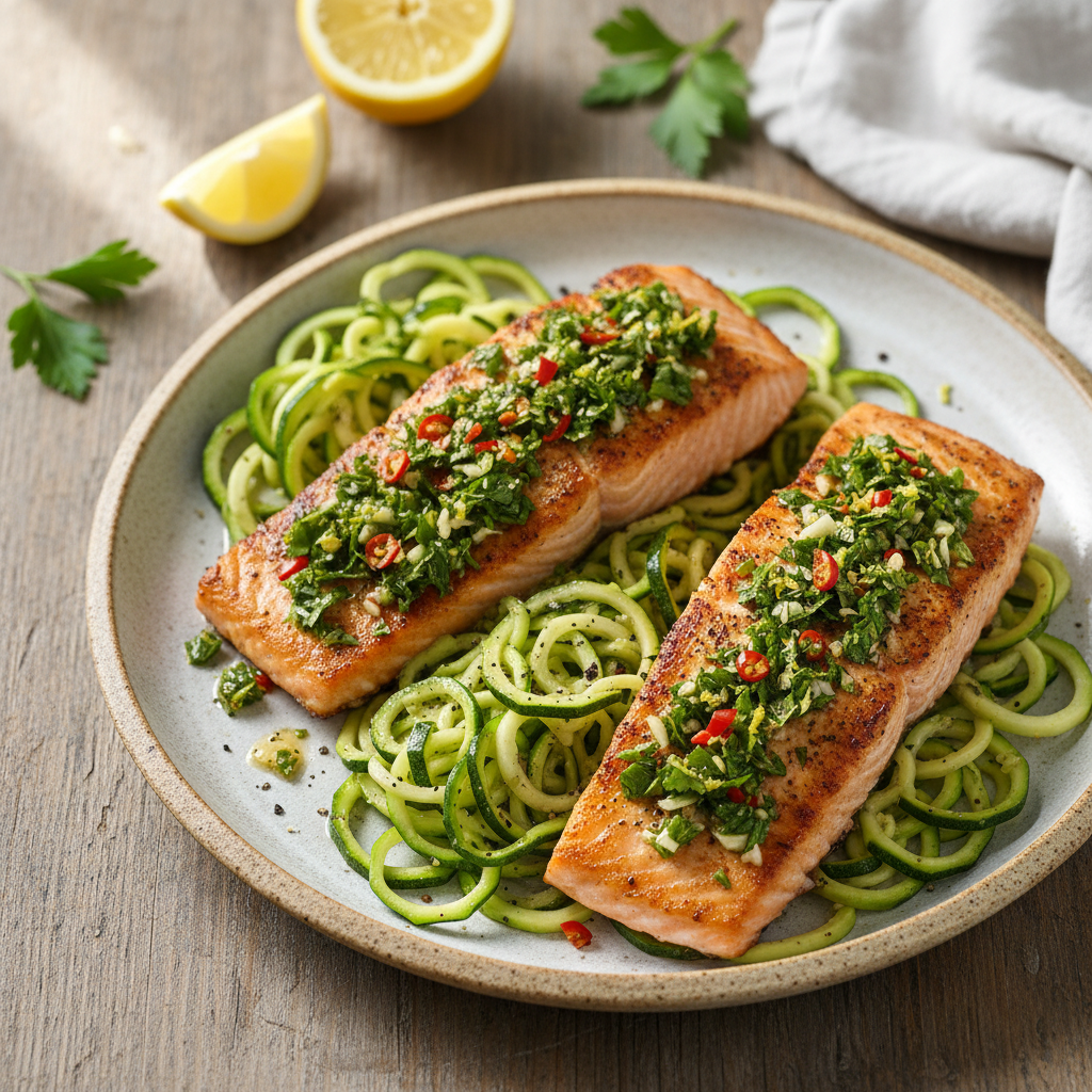Pan-Seared Salmon with Calabrian Chili Gremolata & Garlicky Zucchini Noodles