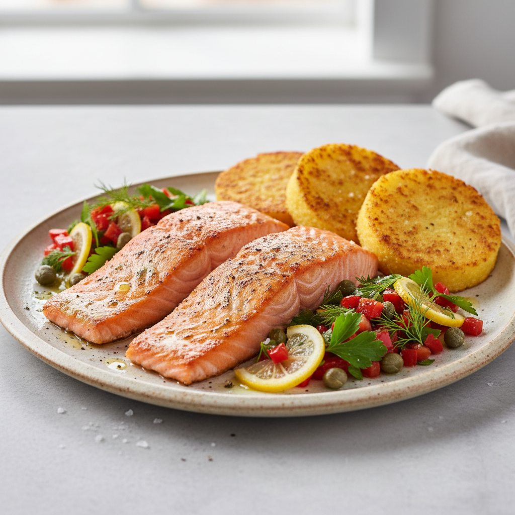 Pan-Seared Salmon with Crispy Polenta Cakes & Mediterranean Relish