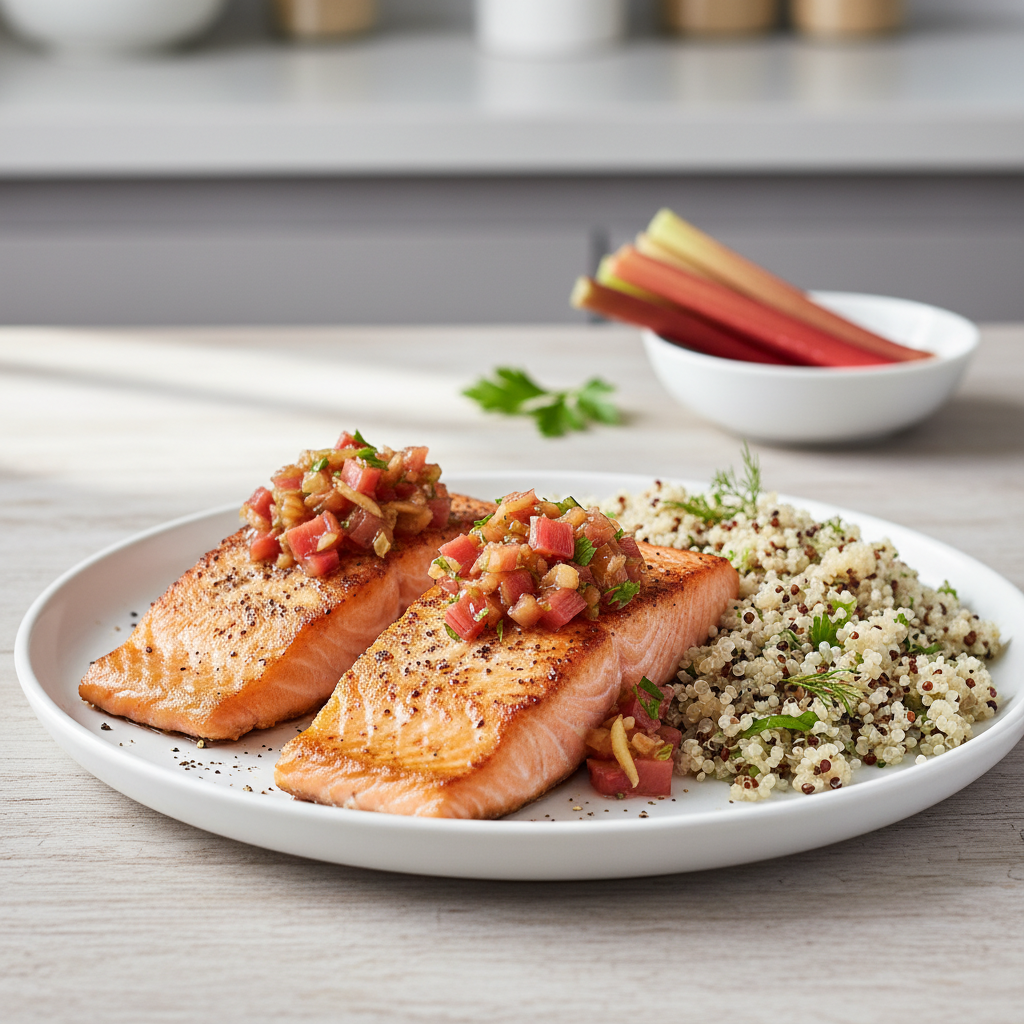 Pan-Seared Salmon with Tangy Rhubarb-Ginger Chutney and Herbed Quinoa