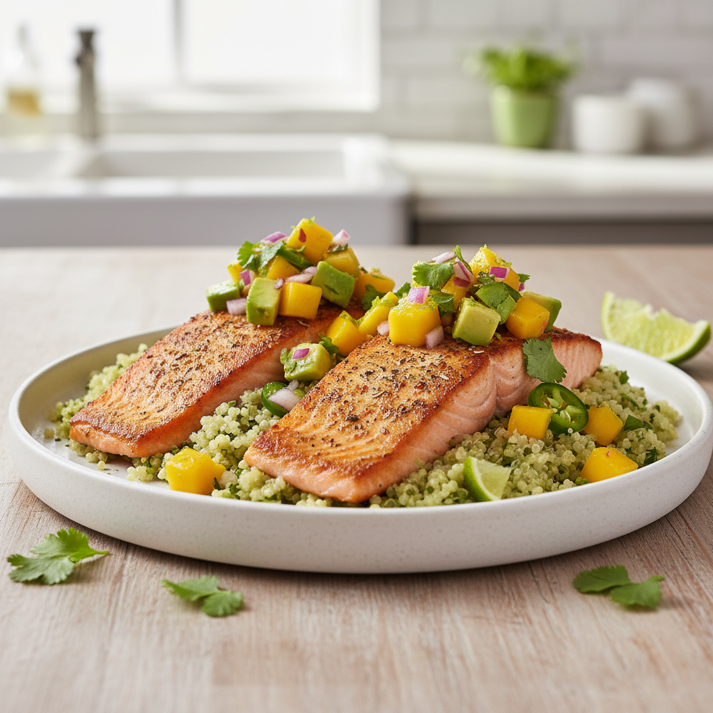 Pan-Seared Salmon with Zesty Mango-Avocado Salsa Verde & Cilantro-Lime Quinoa