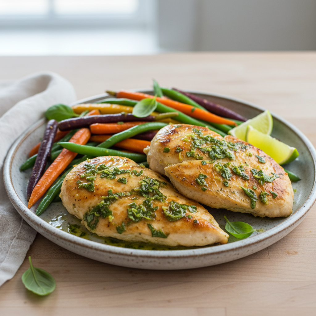 Pan-Seared Zesty Basil-Lime Chicken with Rainbow Carrots and Green Beans