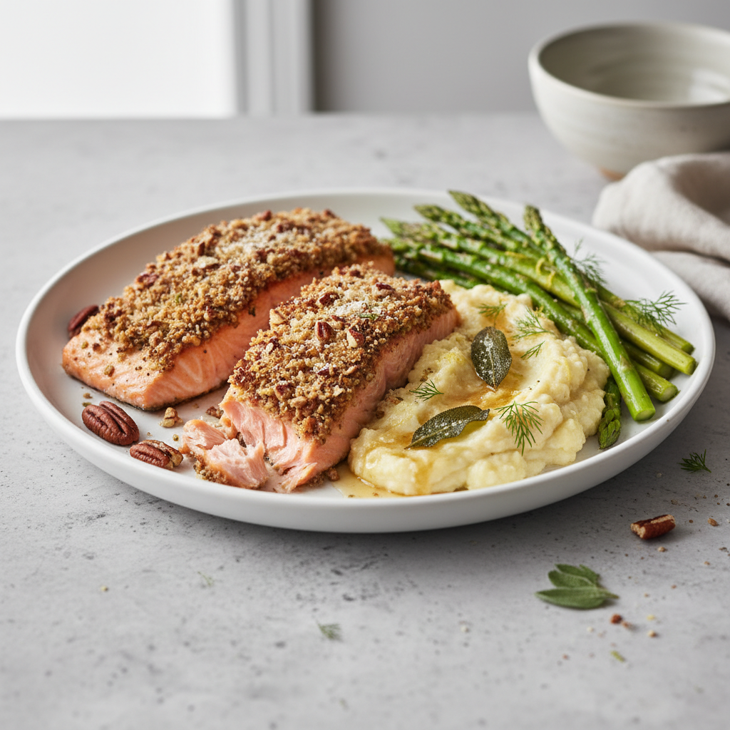 Pecan-Crusted Salmon with Brown Butter Sage Cauliflower Mash & Lemon-Dill Asparagus