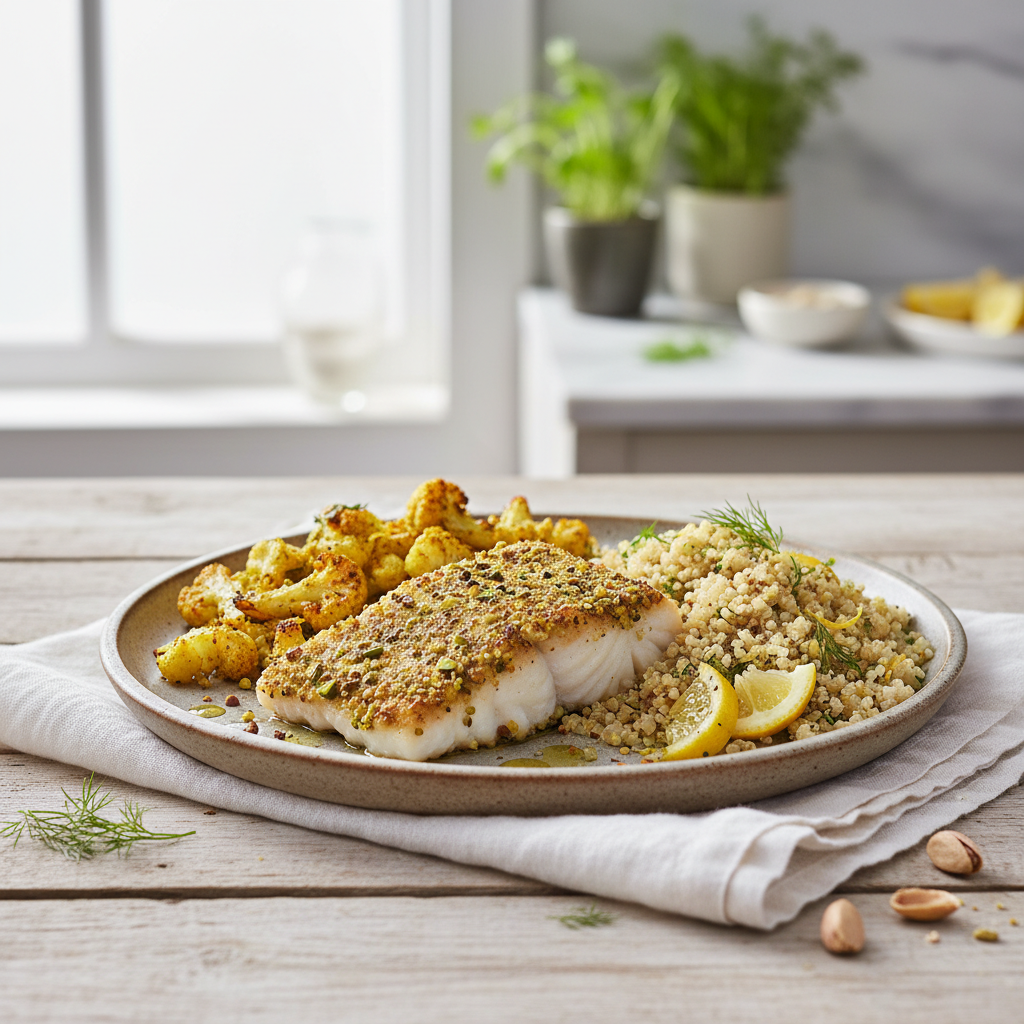 Pistachio-Crusted Cod with Turmeric-Roasted Cauliflower and Lemon-Dill Quinoa
