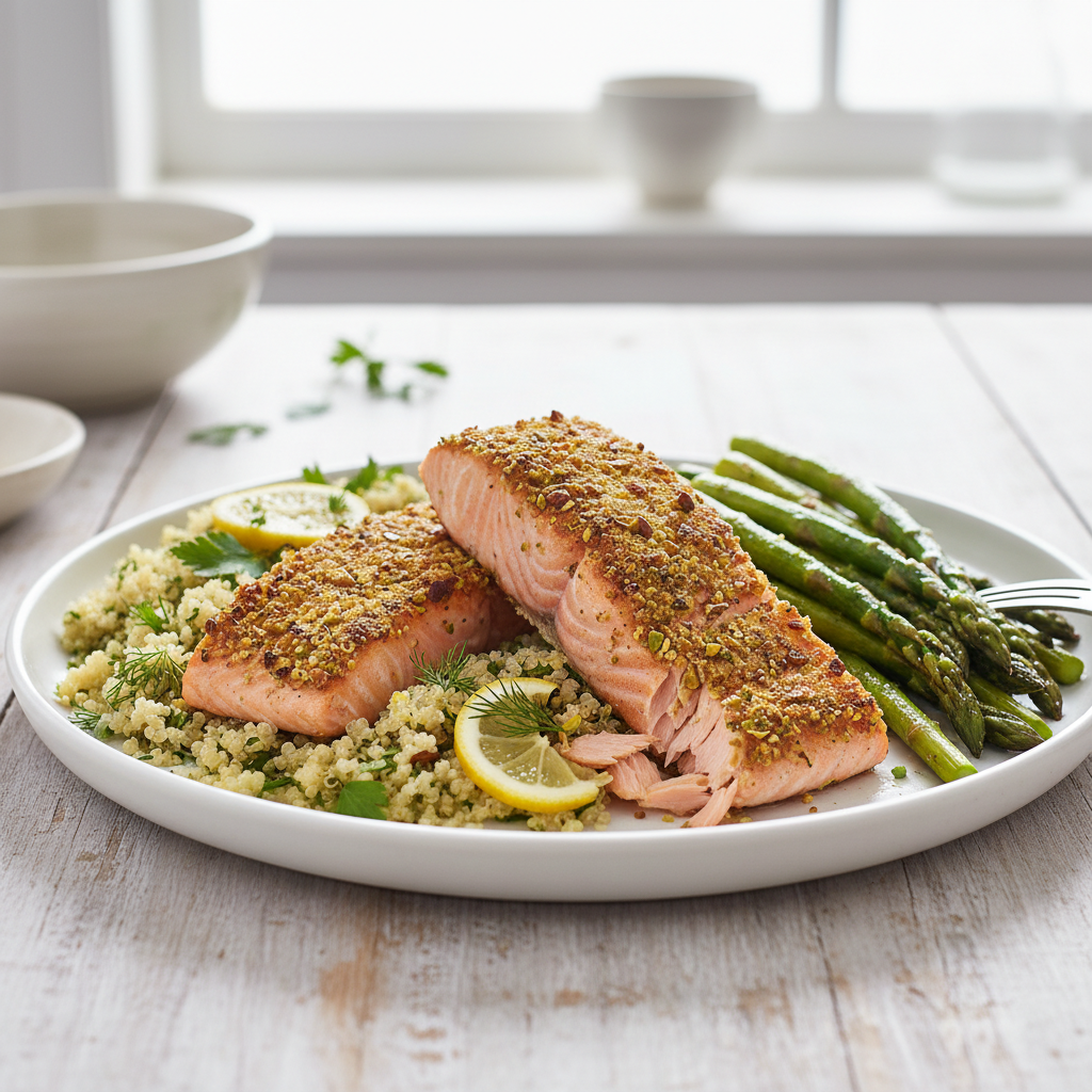 Pistachio-Crusted Salmon with Lemon-Herb Quinoa and Roasted Asparagus