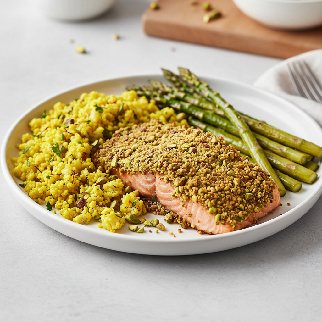Pistachio-Crusted Salmon with Saffron Cauliflower 'Couscous' & Roasted Asparagus