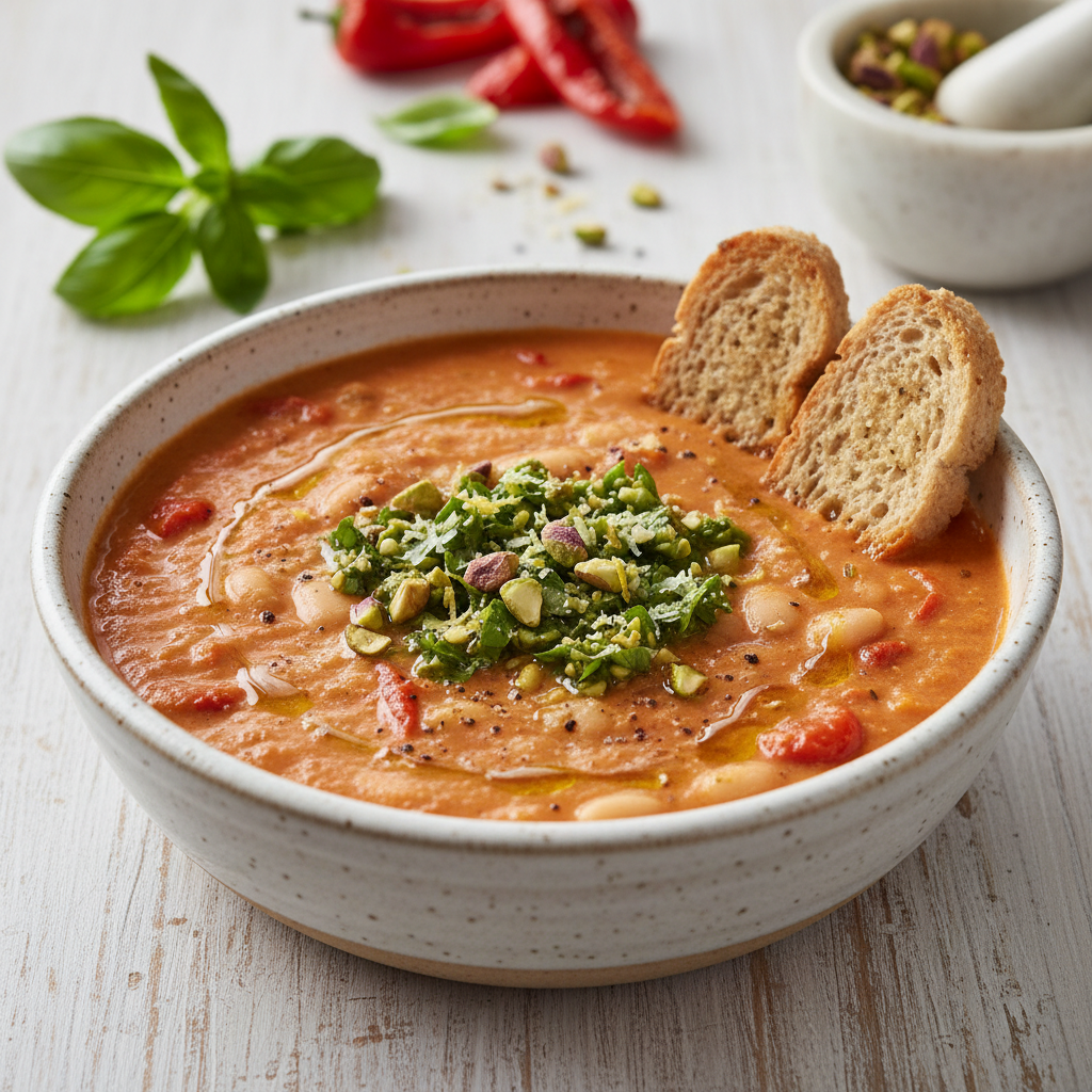Roasted Red Pepper & White Bean Soup with Basil-Pistachio Gremolata