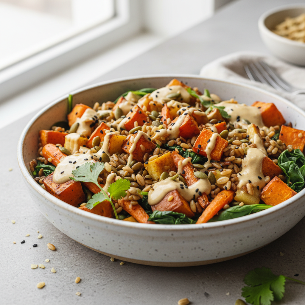 Roasted Root Vegetable & Farro Power Bowl with Tahini-Ginger Dressing