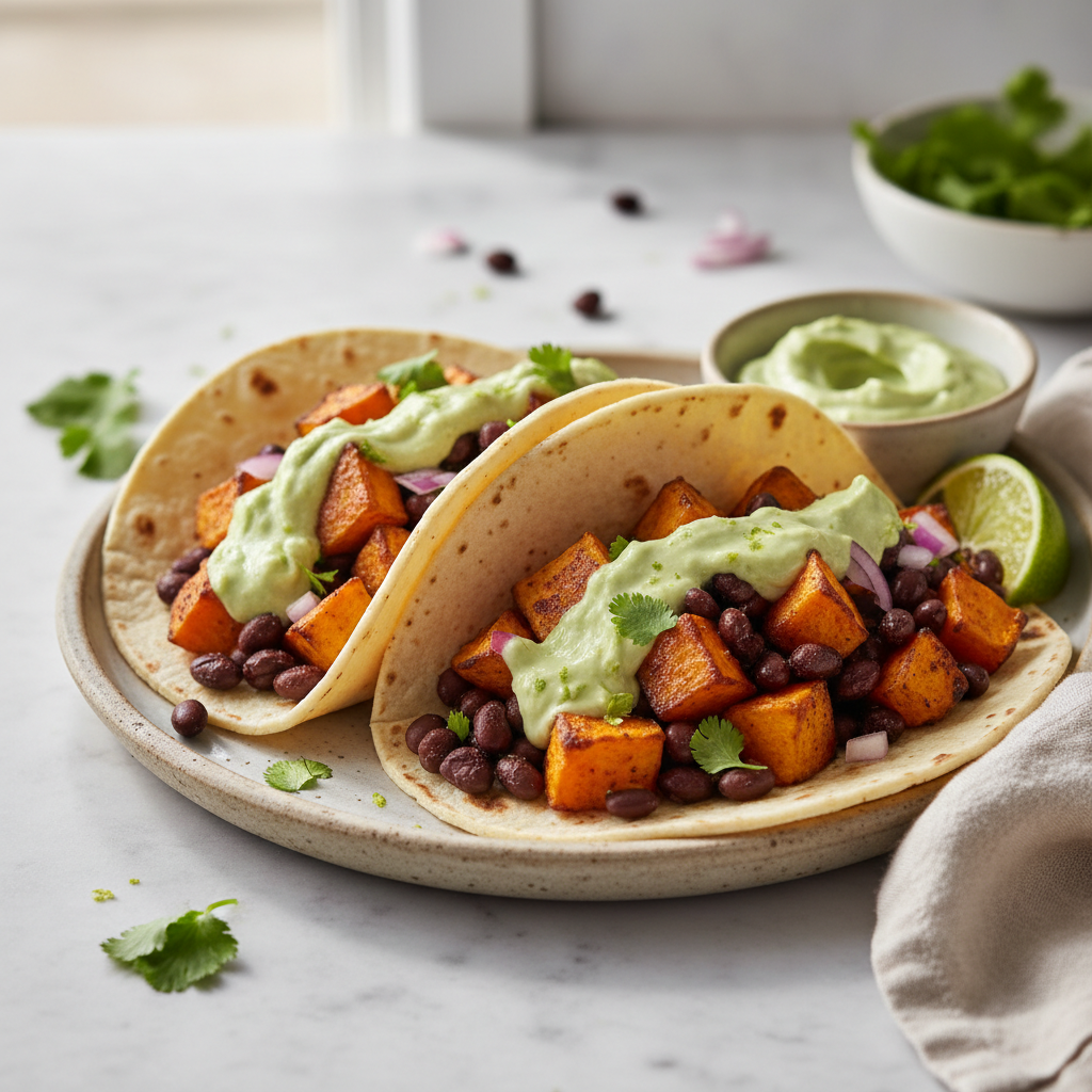 Roasted Sweet Potato & Black Bean Tacos with Avocado Crema