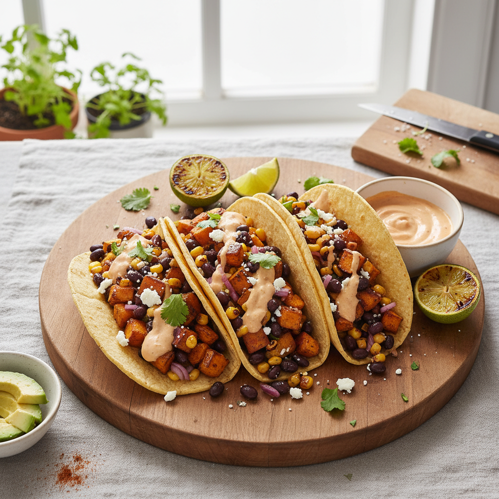 Roasted Sweet Potato & Black Bean Tacos with Chipotle-Lime Crema