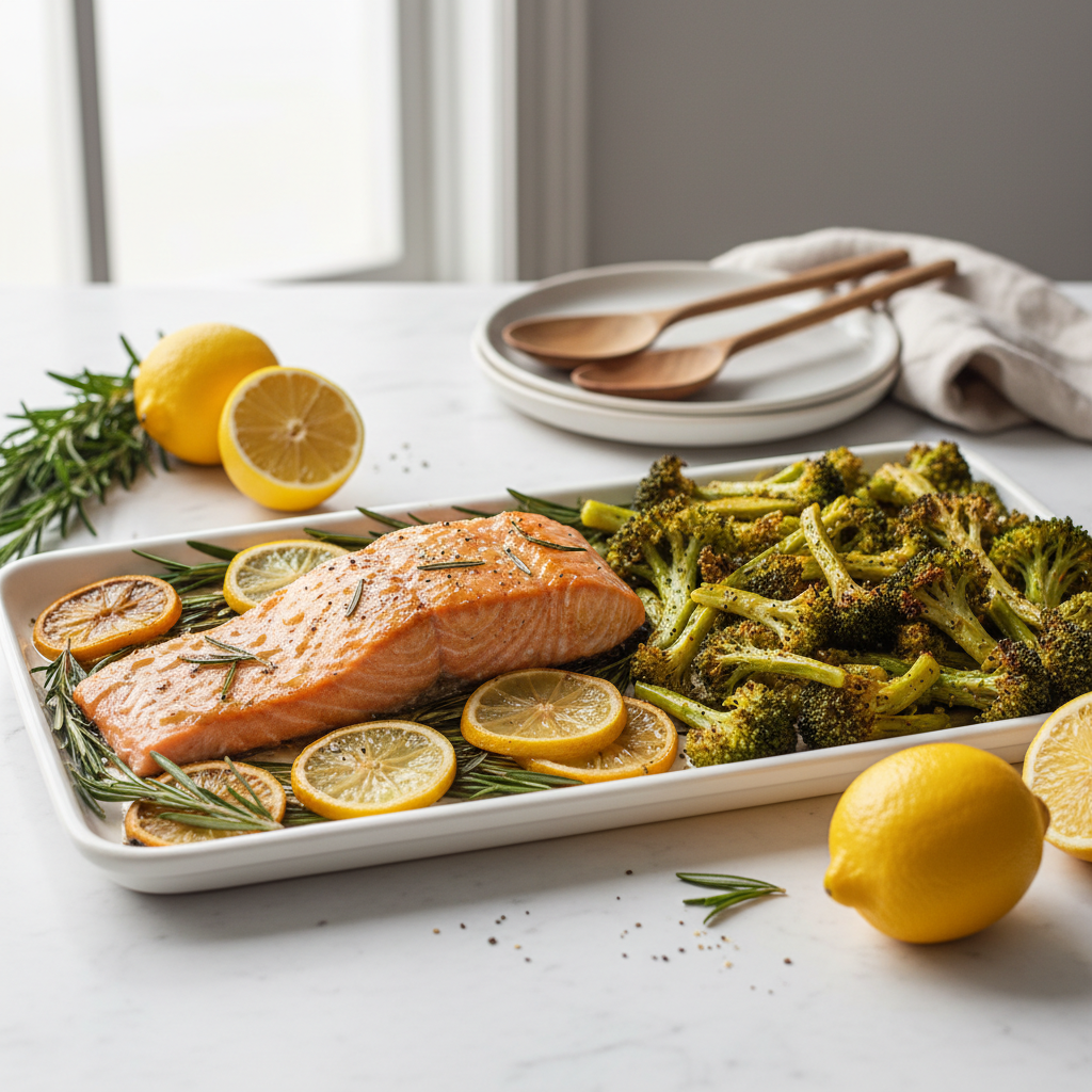 Rosemary-Lemon Baked Salmon with Turmeric-Roasted Broccoli