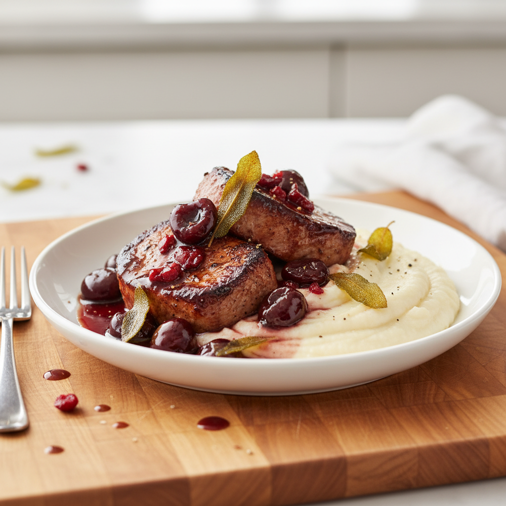 Ruby Cherry-Balsamic Pork Tenderloin with Creamy Parsnip-Cauliflower Puree & Crispy Sage